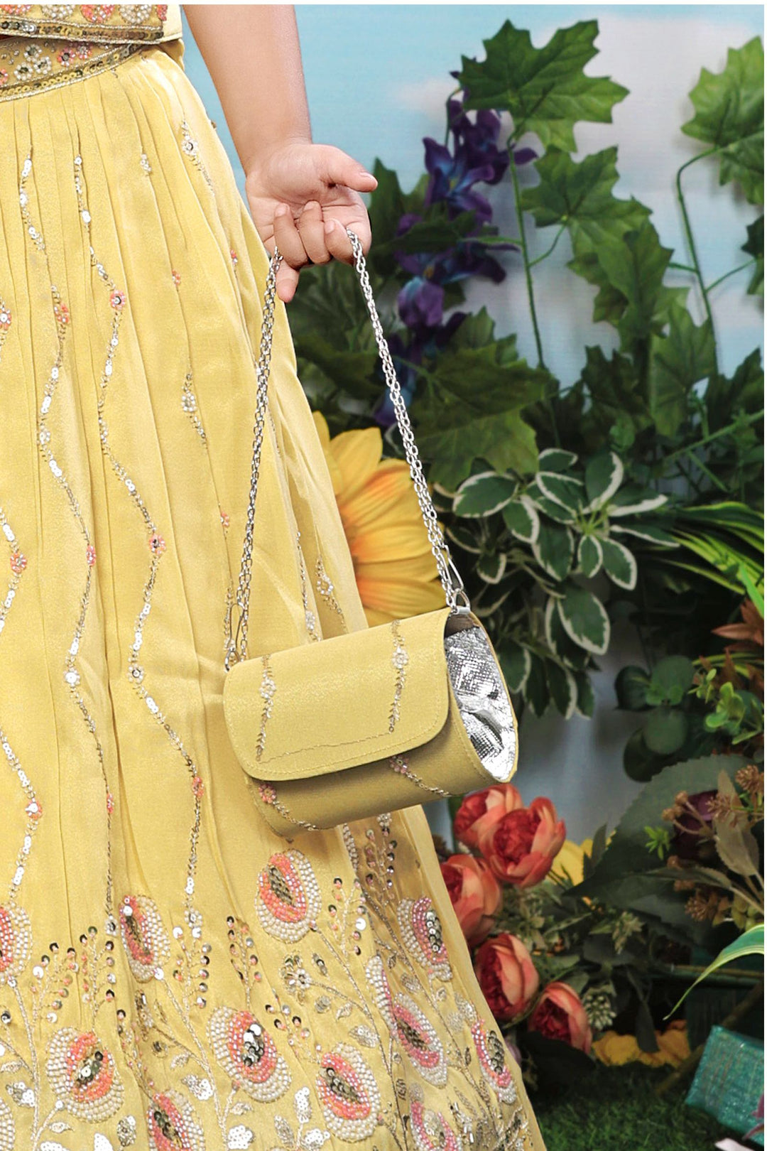 Yellow Beads, Zari and Sequins work Lehenga Choli for Girls with Bag