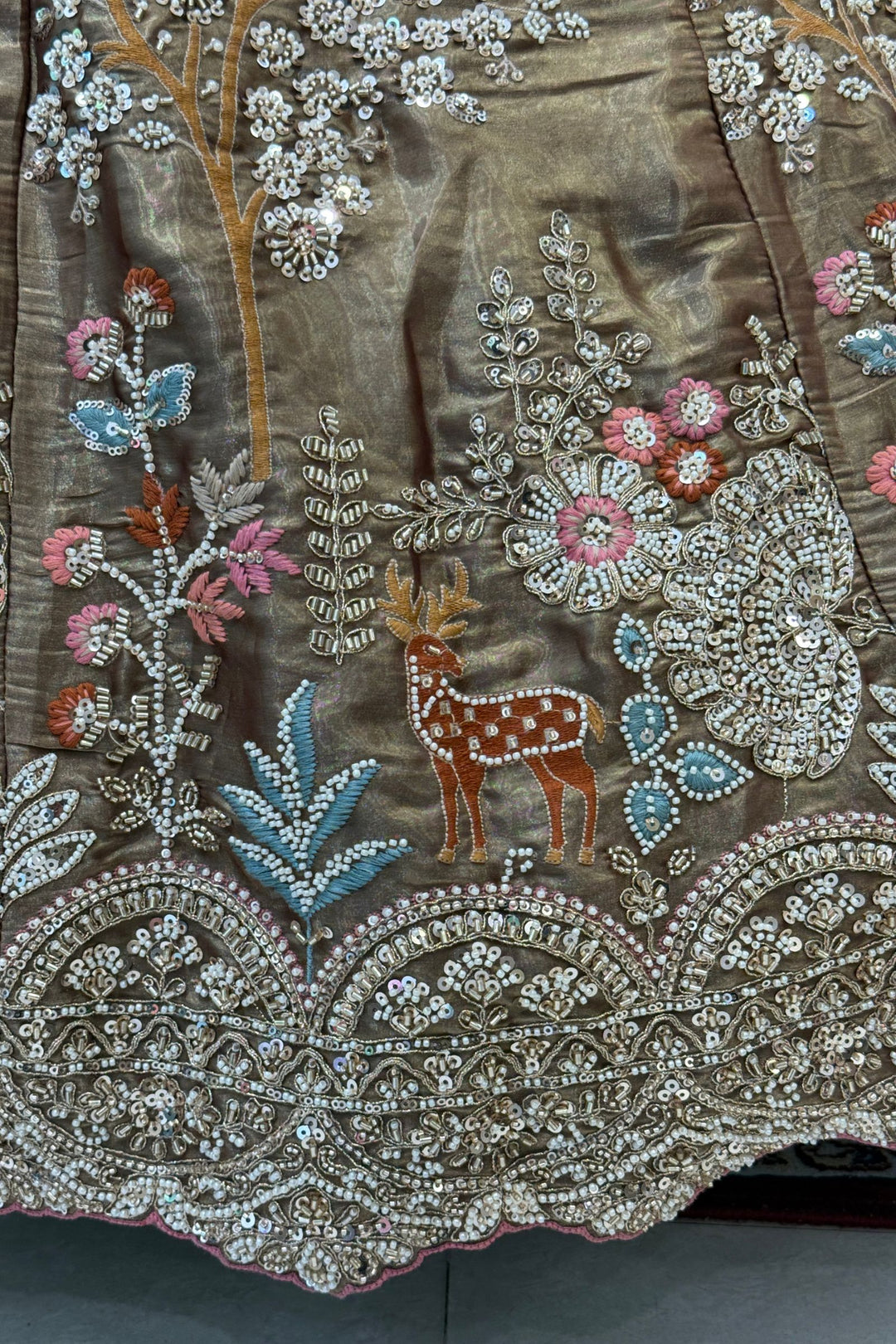 Bridal Organza Lehenga with Hand-Embroidered Birds and Floral Forest Motifs