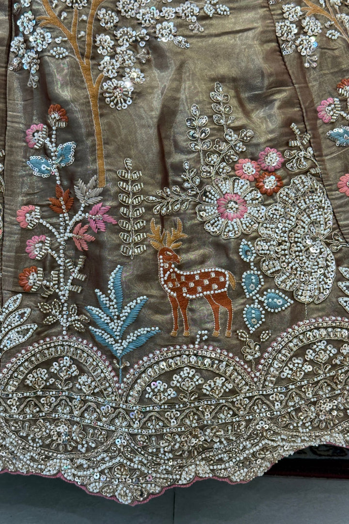Bridal Organza Lehenga with Hand-Embroidered Birds and Floral Forest Motifs