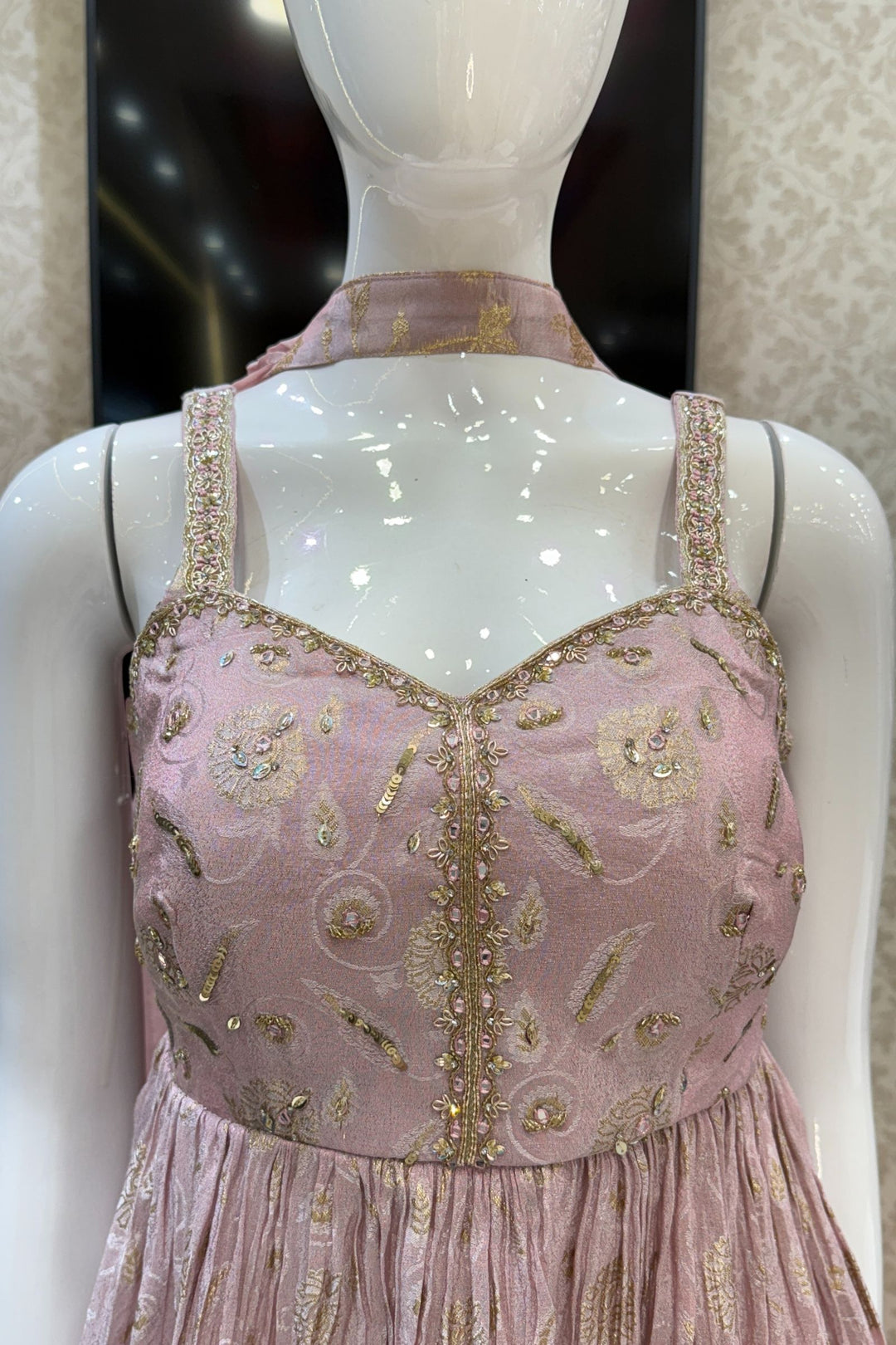 Baby Pink Banaras, Beads, Zardozi, Stone and Mirror work Peplum Top with Palazzo Suit Set