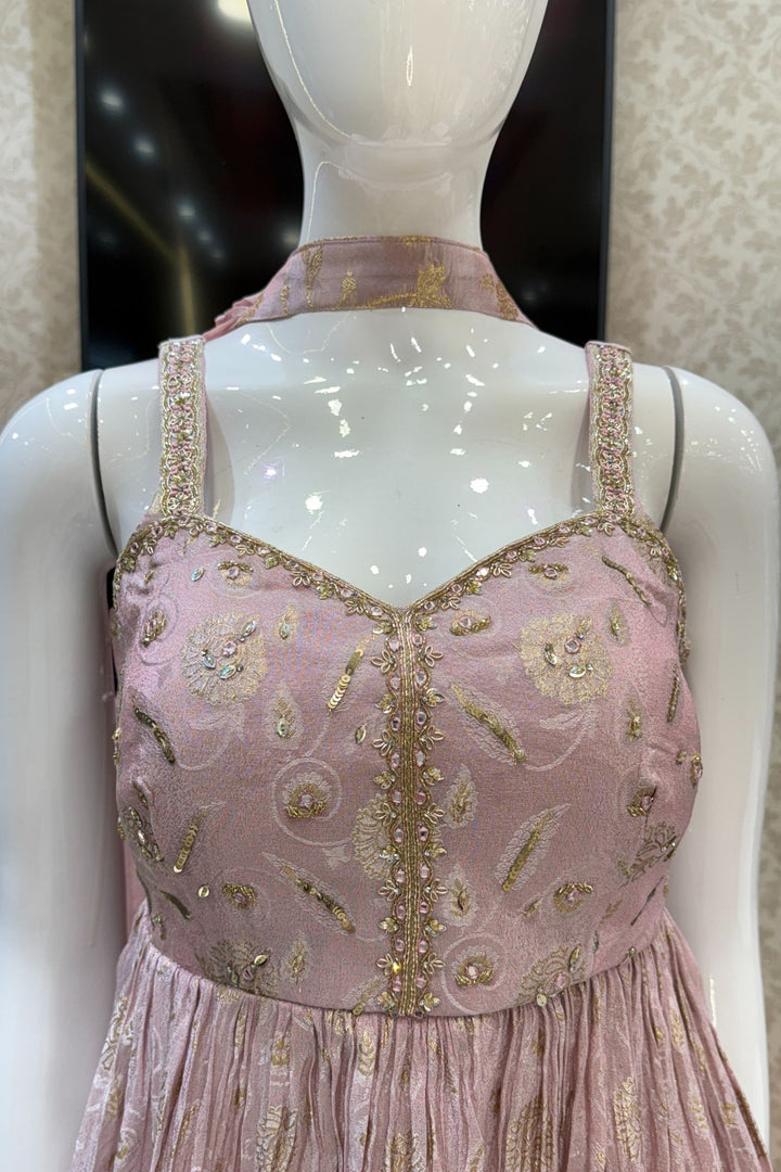 Baby Pink Banaras, Beads, Zardozi, Stone and Mirror work Peplum Top with Palazzo Suit Set
