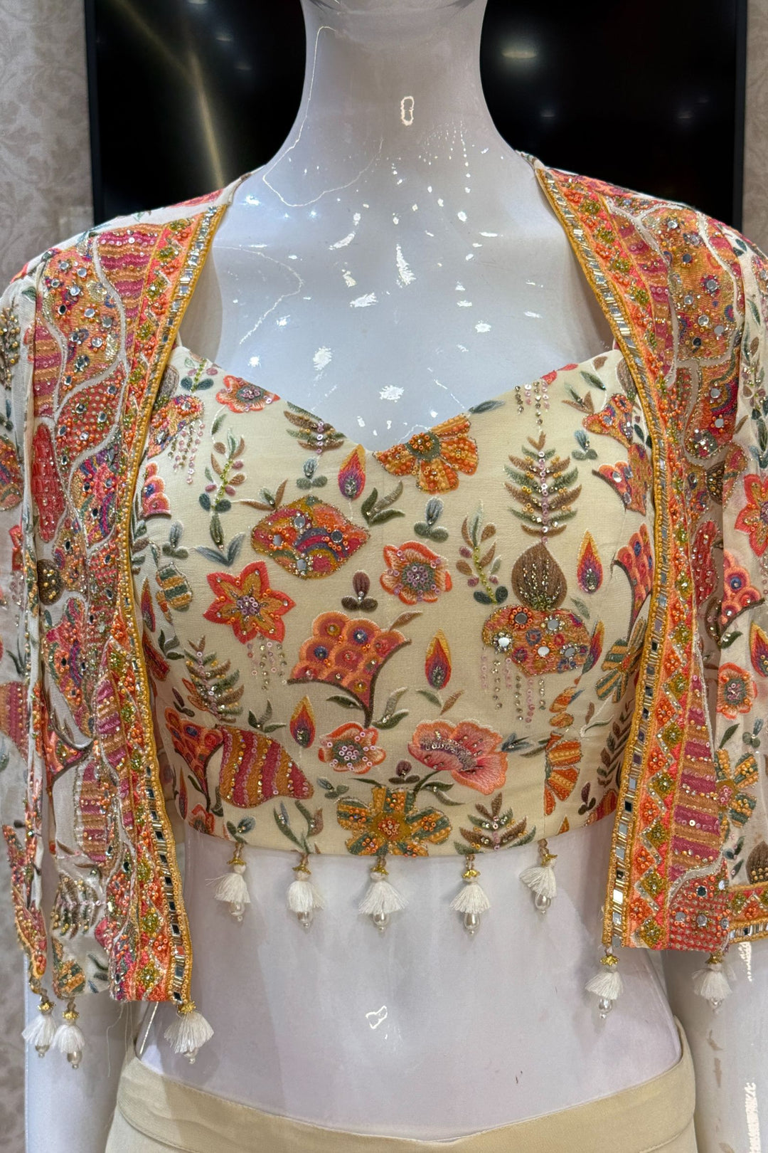 Cream Beads and Multicolor Thread work Crop Top with Overcoat Styled Palazzo Suit Set