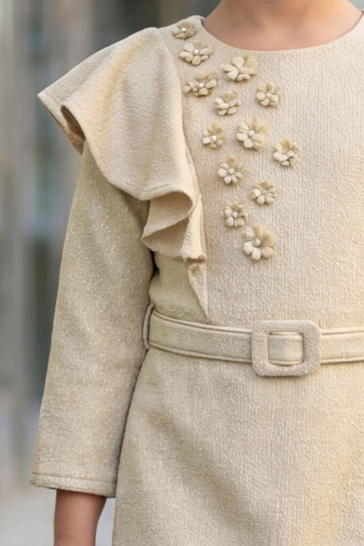 Beige Zari Weaving work Short Frock For Girls with Belt