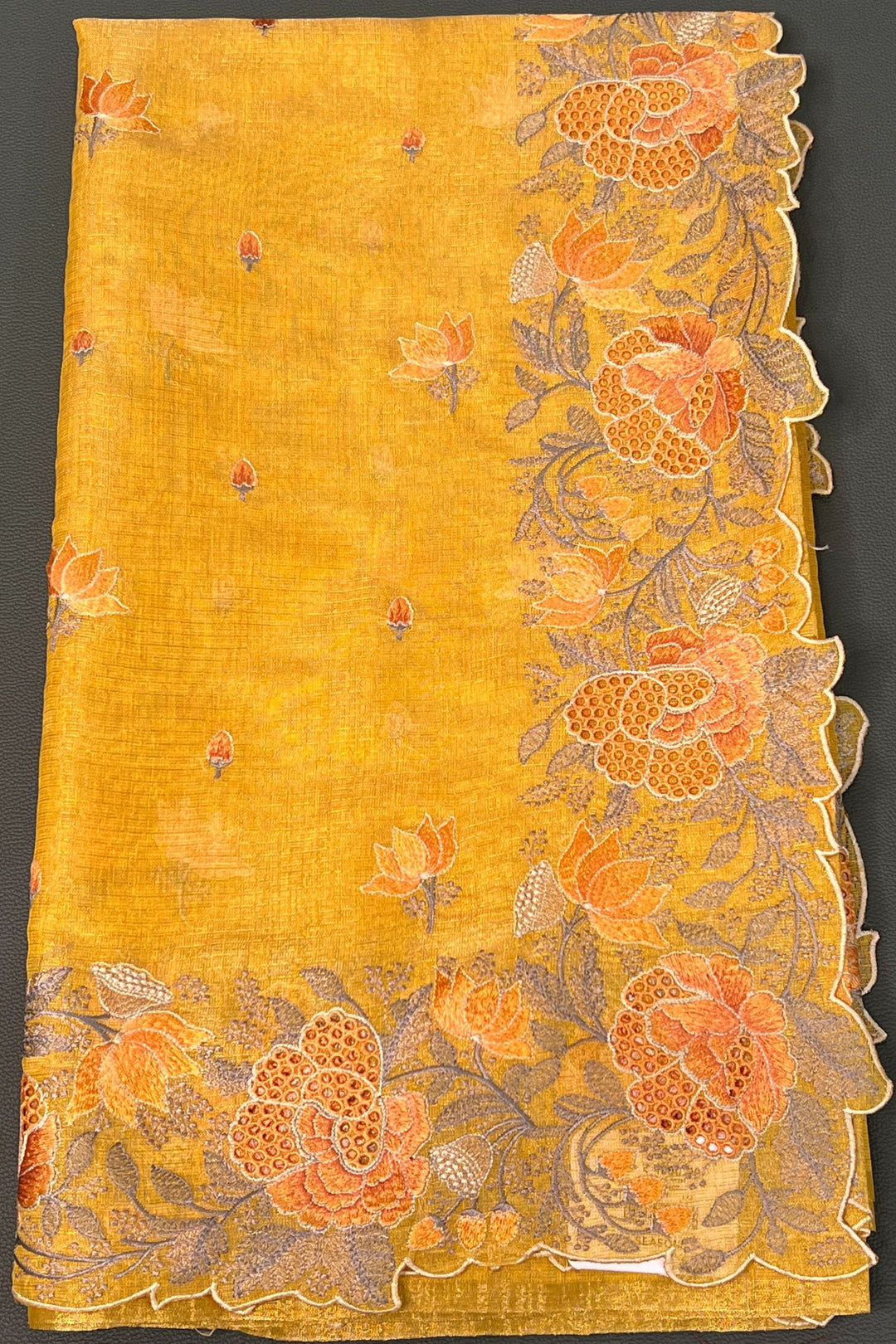 Yellow Tissue Saree with Cutwork and Floral Embroidery work