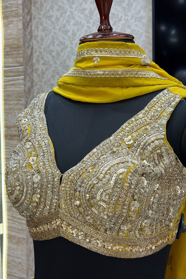 Olive Green Sequins, Stone, Beads, Zari and Zardozi work with Digital Print Crop Top Lehenga