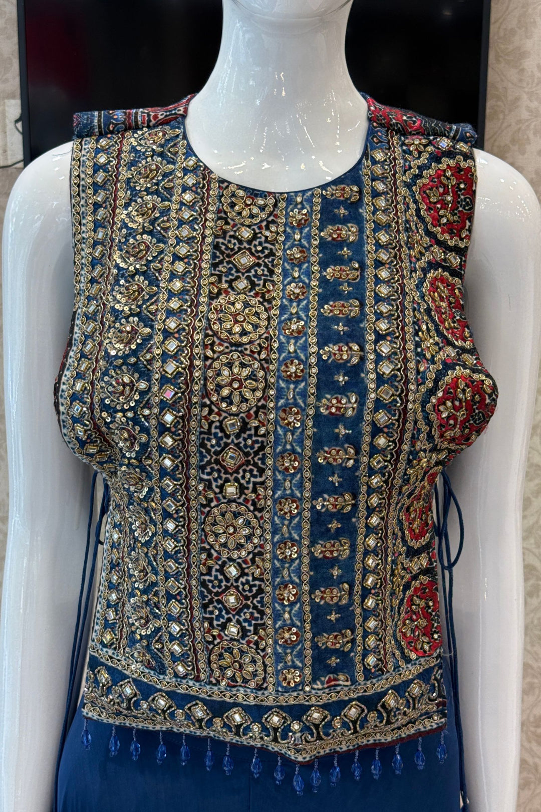 Indigo Blue Indo-Western Styled Ajrak Print, Kundan, Zardozi and Beads work Palazzo Set