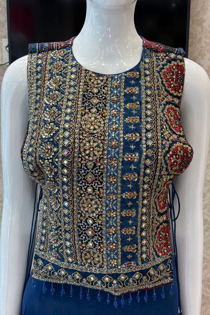 Indigo Blue Indo-Western Styled Ajrak Print, Kundan, Zardozi and Beads work Palazzo Set