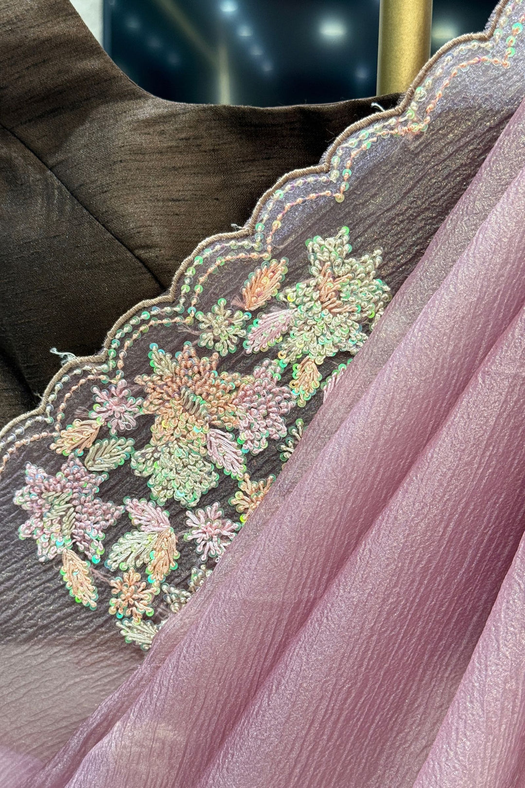 Light Brown Saree Featuring Embroidery and Sequins work