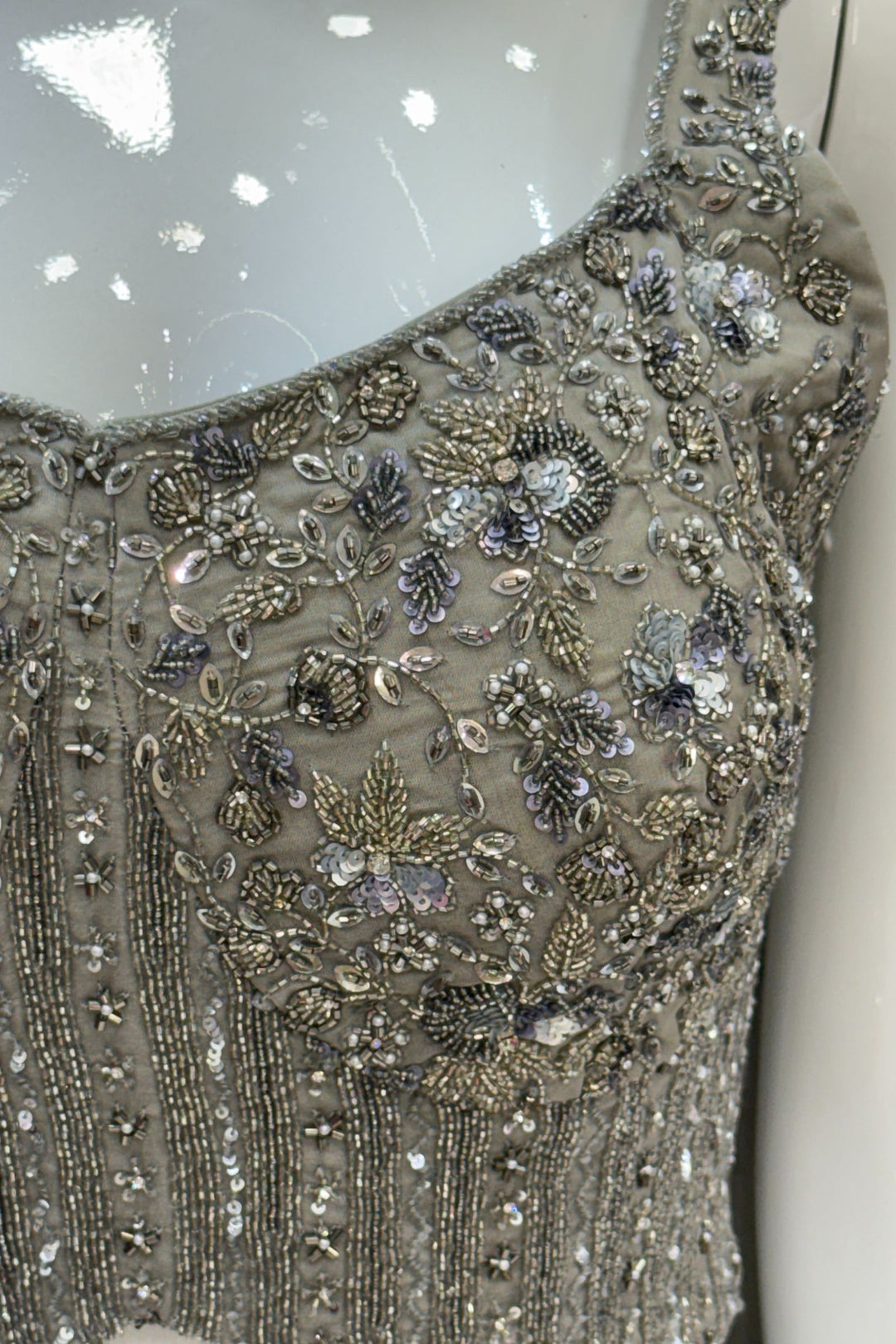 Grey Beads, Sequins, Pearls, Stone and banaras work Crop Top with Palazzo Pant