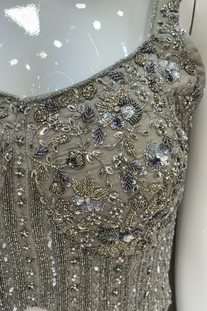 Grey Beads, Sequins, Pearls, Stone and banaras work Crop Top with Palazzo Pant