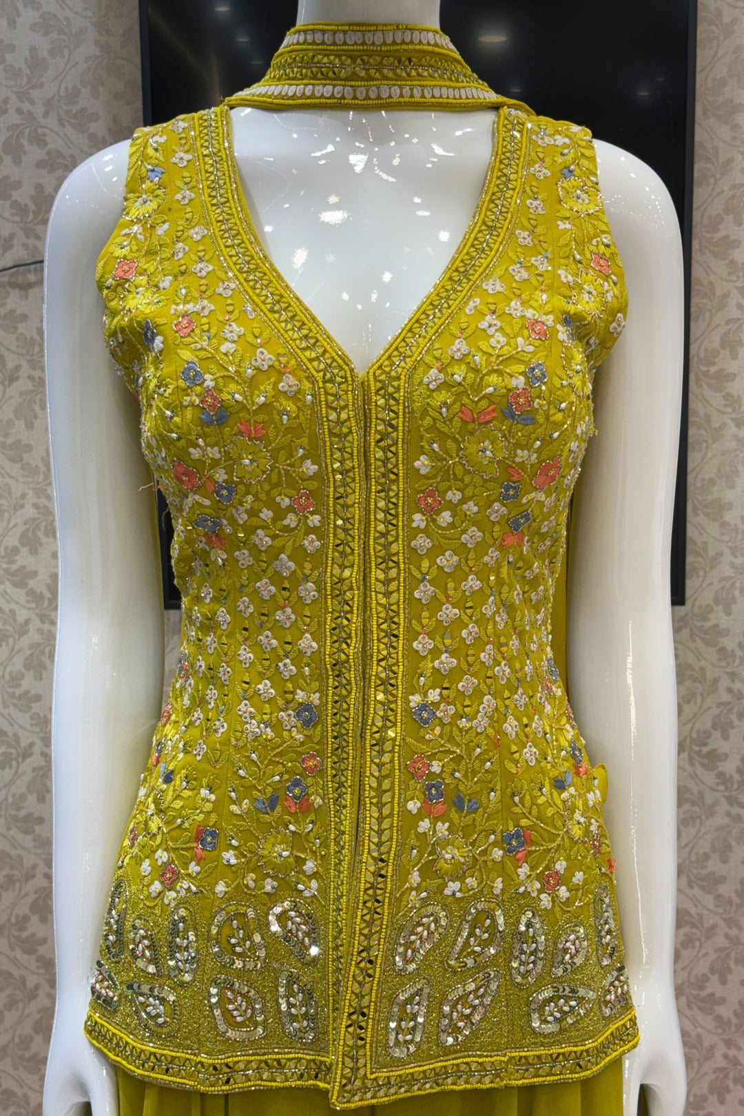 Liril Green Beads, Zari, Sequins, Stone and Embroidery work High Slit Palazzo Set