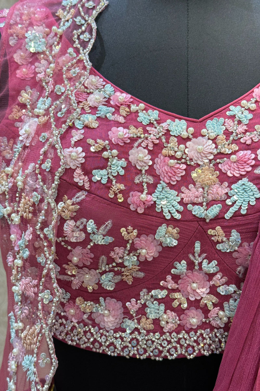 Onion Pink Sequins, Stone and Pearl work Indo-Western Styled Crop Top Lehenga  with Overcoat