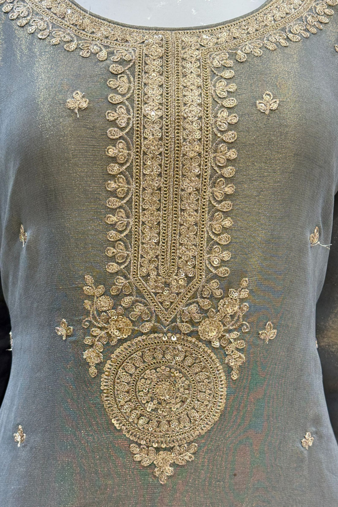 Grey Sequins, Zari and Banaras work Straight Cut Salwar Suit