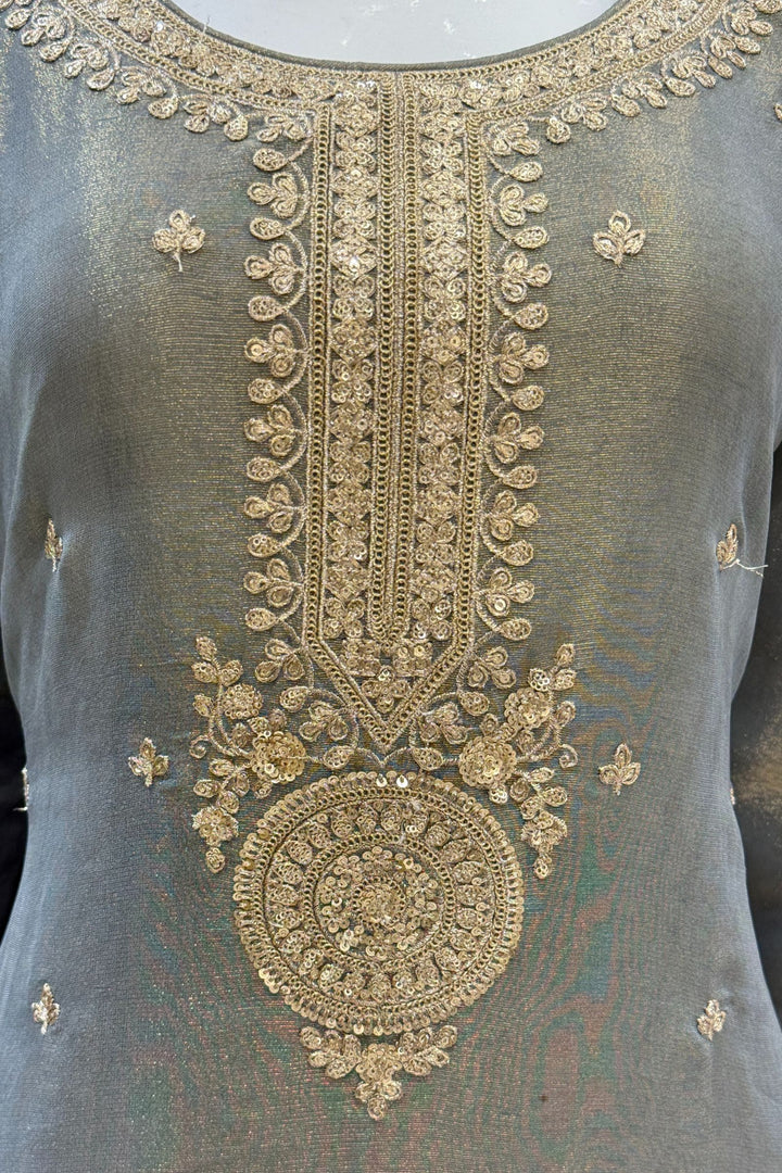 Grey Sequins, Zari and Banaras work Straight Cut Salwar Suit