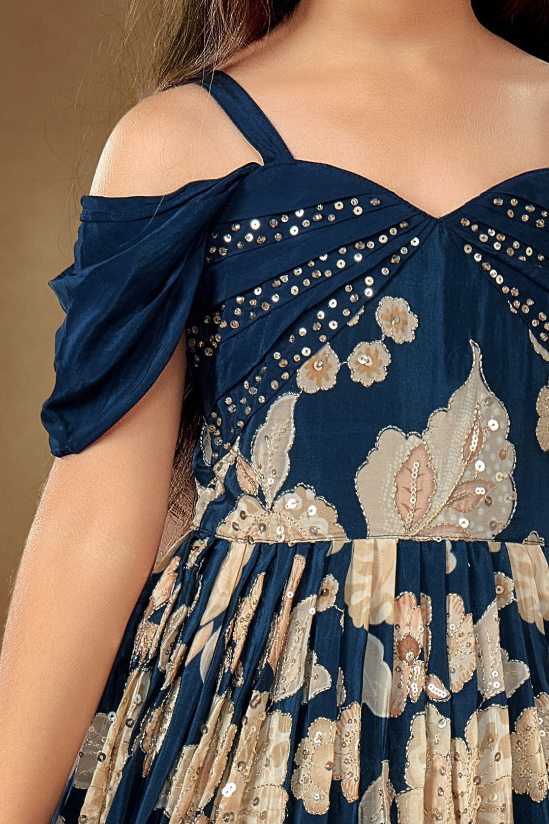 Navy Blue Sequins and Zari work with Floral Print Long Party Gown for Girls