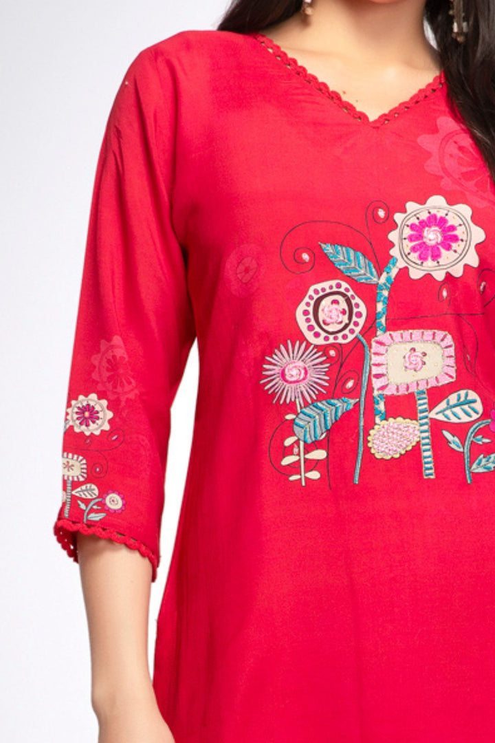 Tomato Red Mirror, Stone, Zari and Thread work with Digital Print Calf Length Kurti