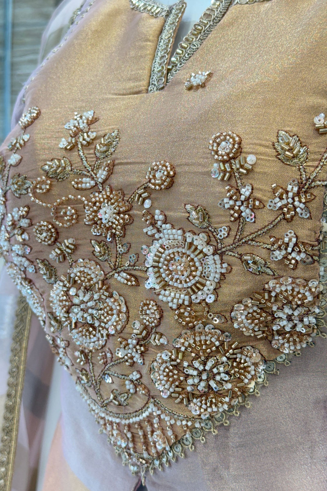 Onion Pink Palazzo Set with Beads, Sequins and Zari work with Organza Dupatta