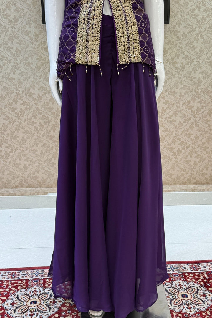 Purple Banaras Zari, Sequins and Zari Thread work Palazzo Suit Set