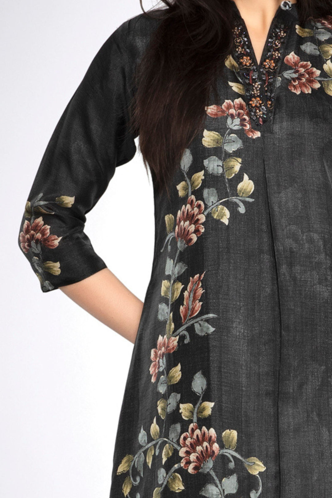 Black Zardozi, Beads, Stone and Sequins work with Floral Print A-line Cut Calf Length Kurti