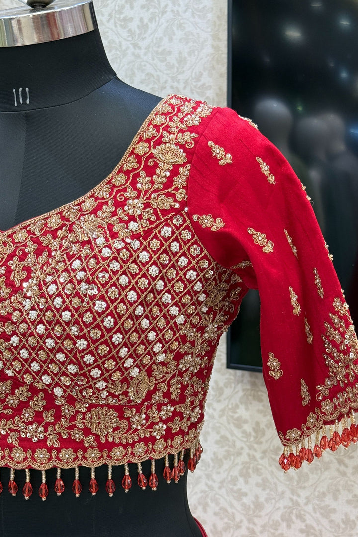 Maroon Beads, Zari, Zardozi and Sequins work Crop Top Designer Bridal Lehenga with Belt