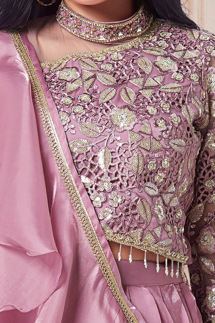 Lavender Embroidery, Sequins, Beads, Mirror, Zari and Stone work Lehenga Choli for Girls