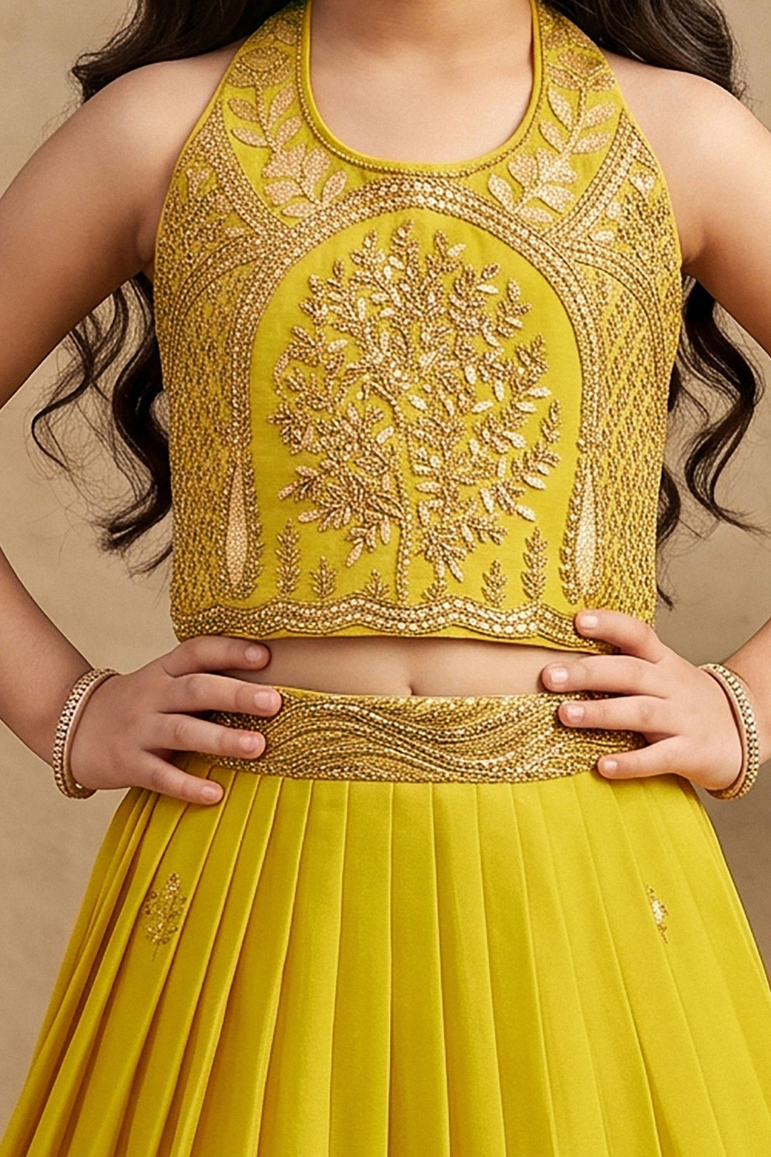 Mustard Yellow Halter Neck Girls Lehenga Choli with Gold Zari Embroidery and Sequins work