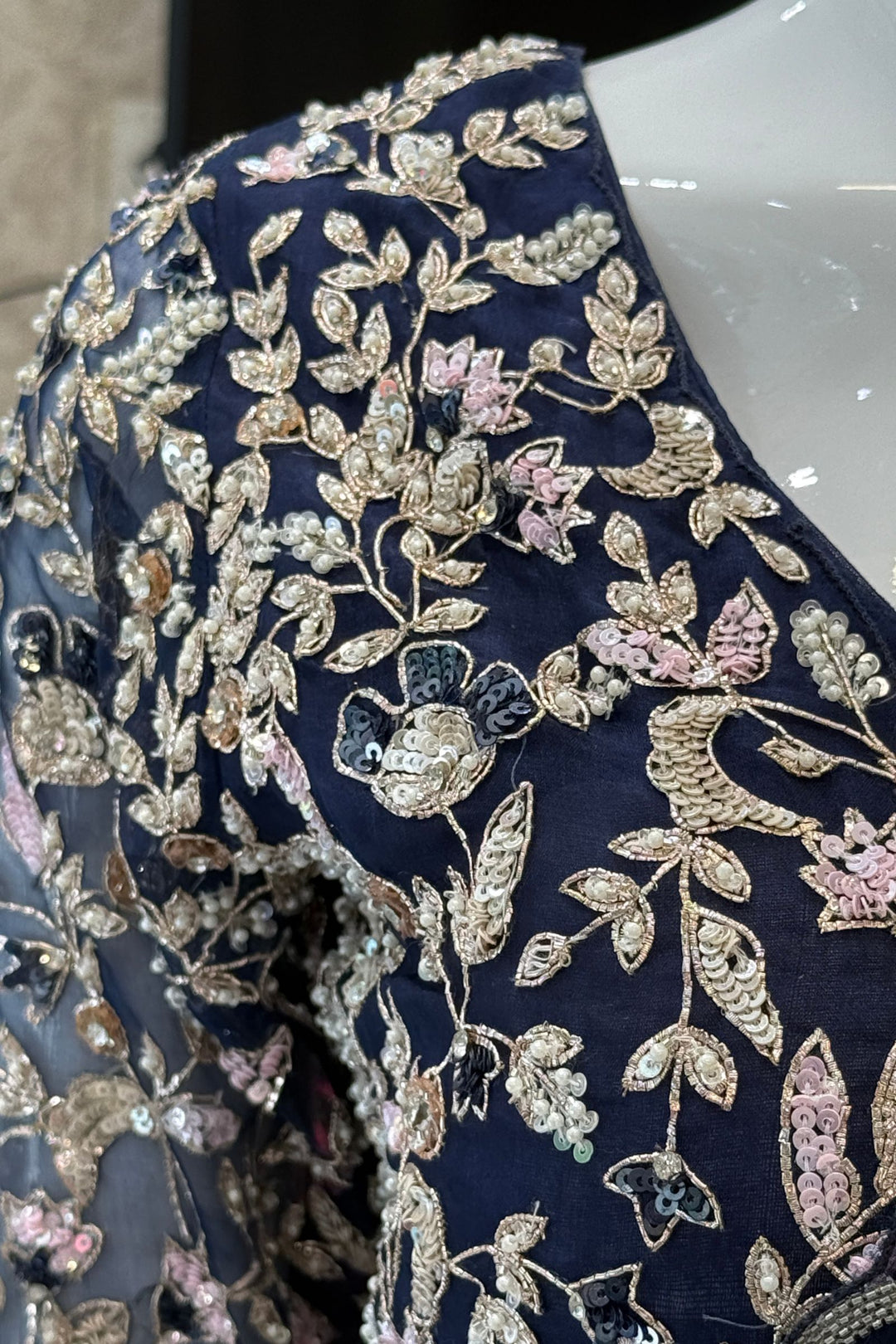 Navy Blue Sequins, Beads, Stone and Pearl work Organza Saree with Designer V-Neck Blouse