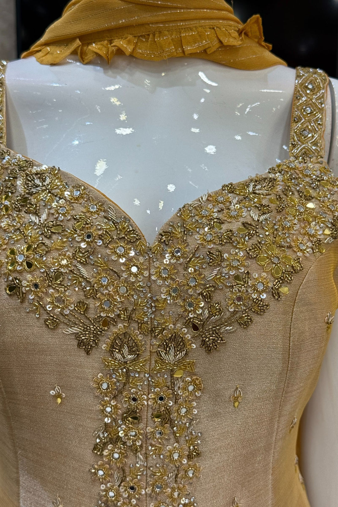 Mustard Beads, Zardozi, Stone and Mirror work Palazzo Salwar Suit