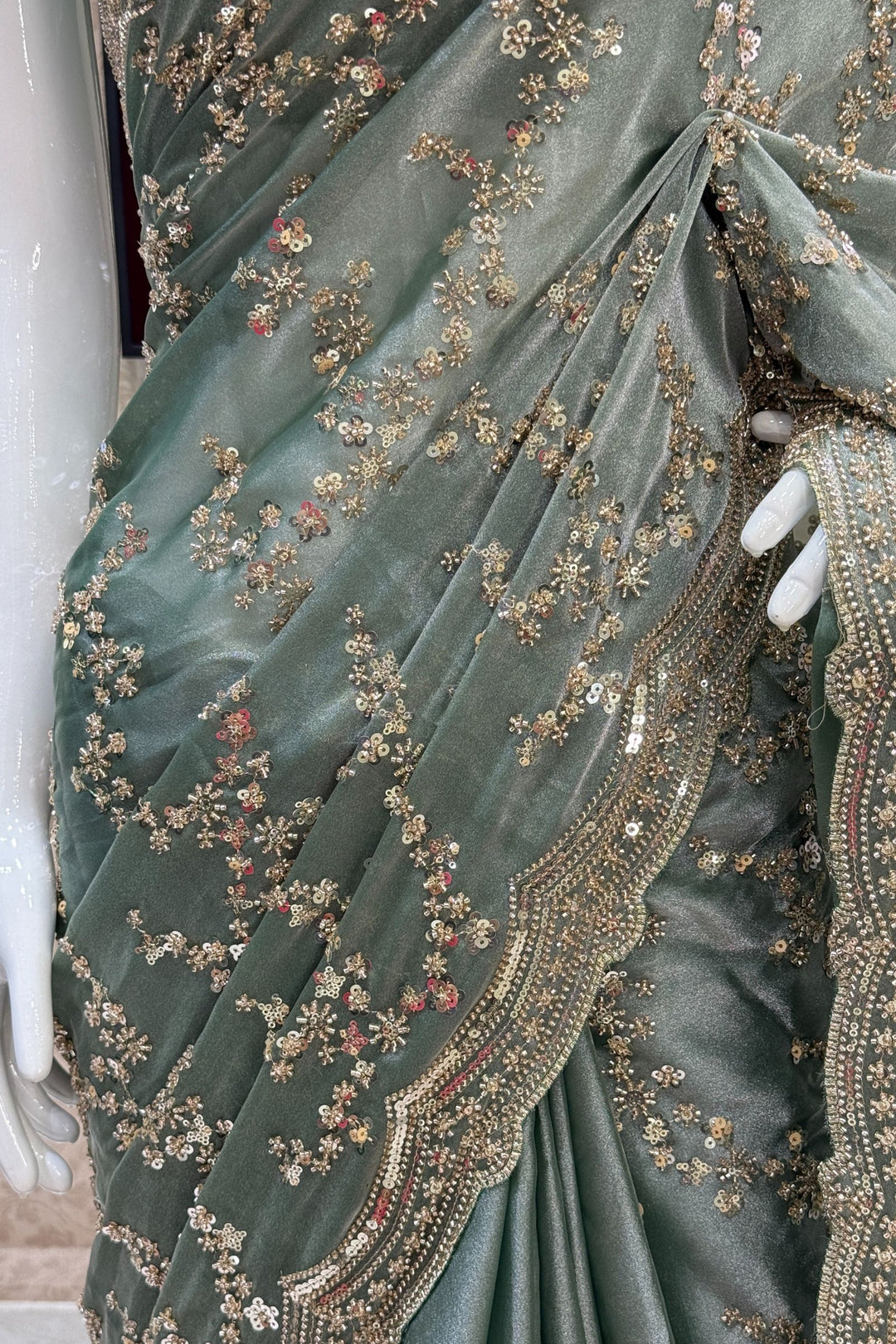 Sea Green Beads, Zari and Sequins work Saree