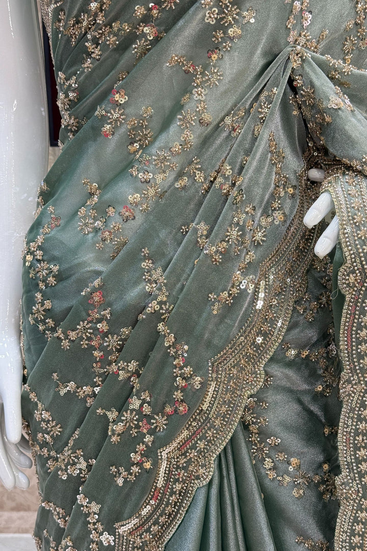 Sea Green Beads, Zari and Sequins work Saree