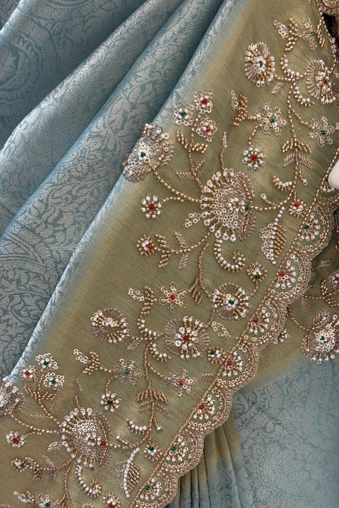 Firozi Blue Banaras, Beads, Sequins and Zari work Saree