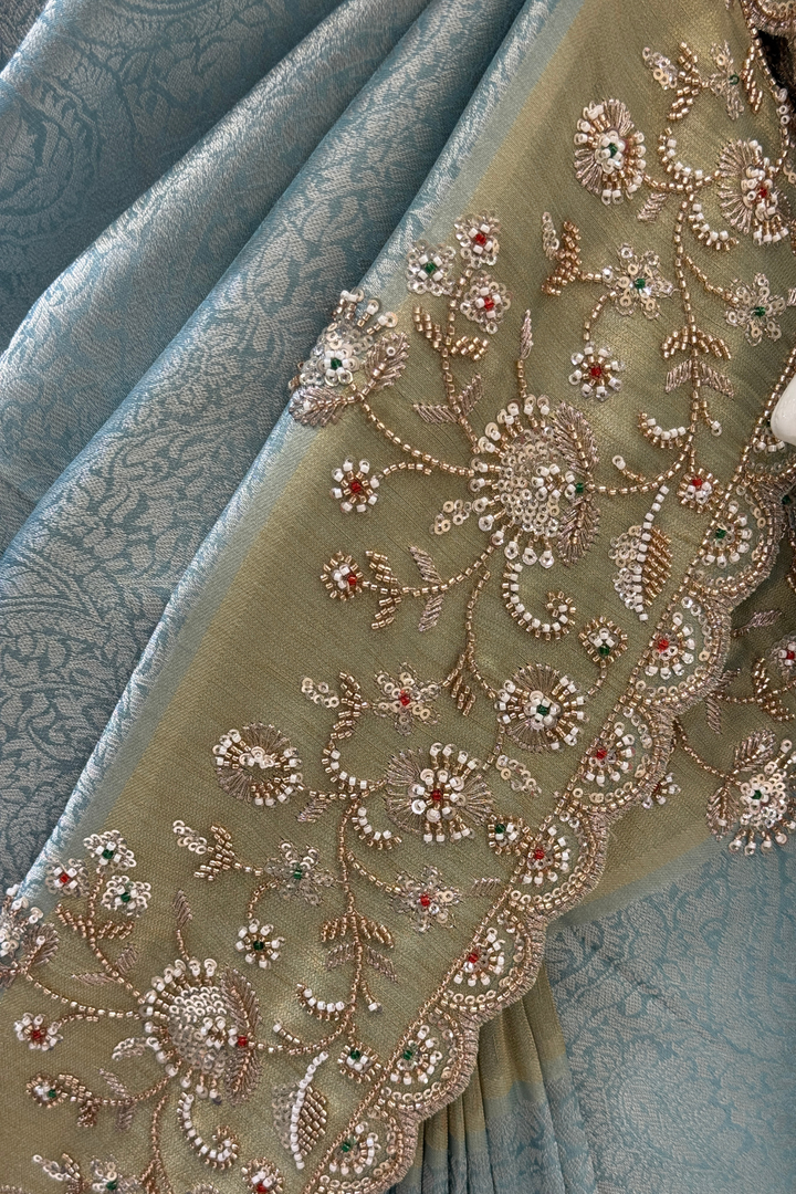 Firozi Blue Banaras, Beads, Sequins and Zari work Saree