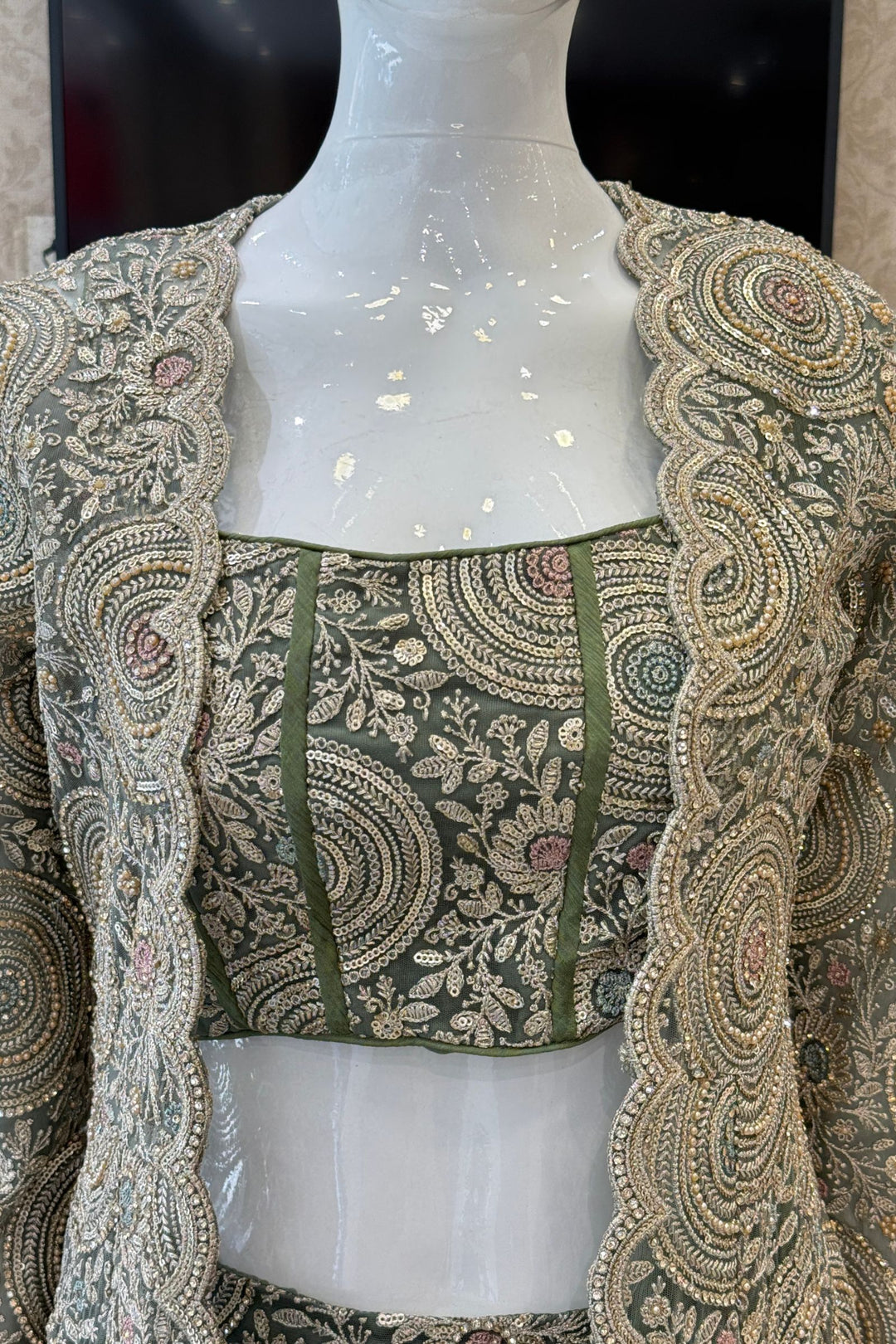 Olive Green Drape Style Lehenga with Sequins, Stone and Zari work Long Overcoat