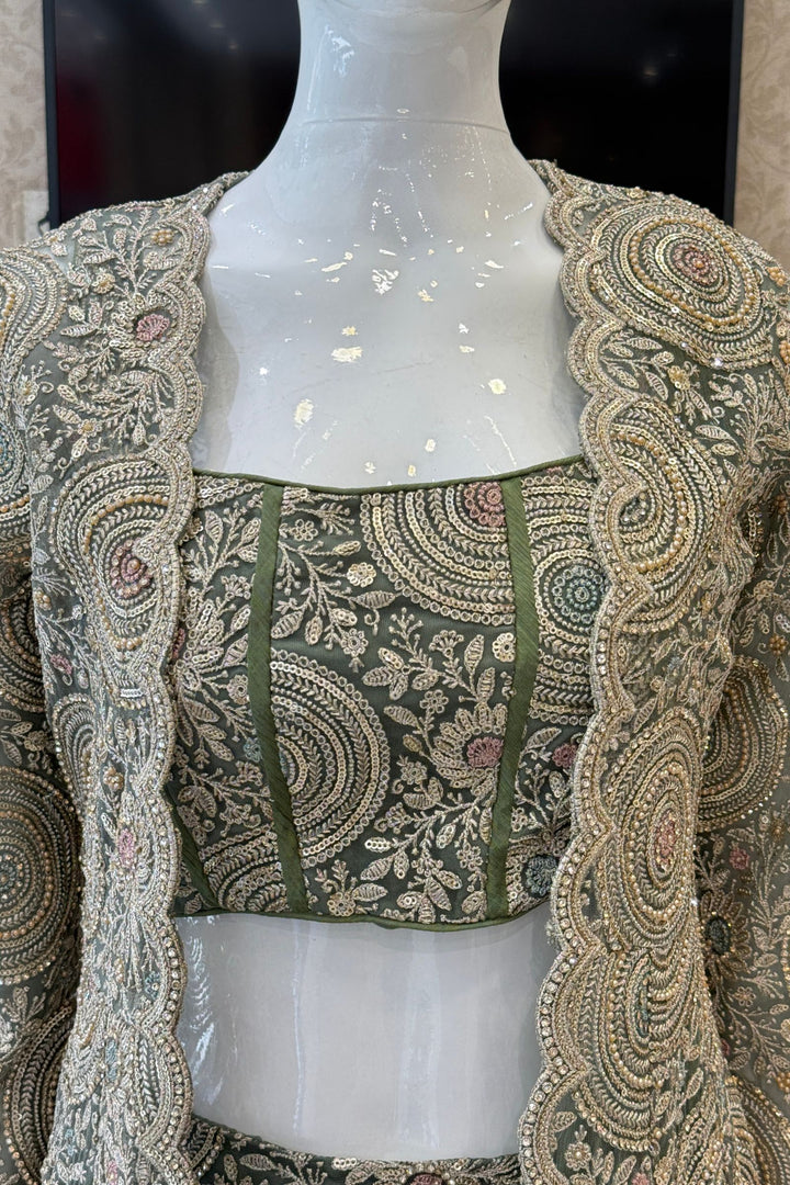 Olive Green Drape Style Lehenga with Sequins, Stone and Zari work Long Overcoat