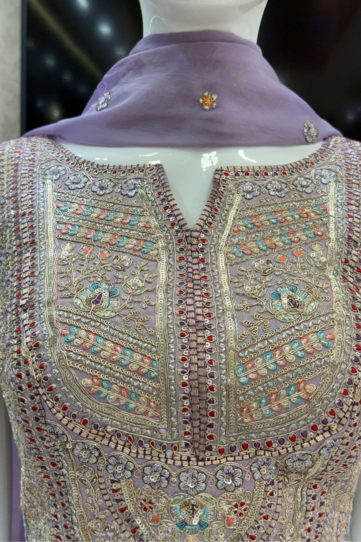 Lavender Zari, Sequins and Multicolor Thread work Palazzo Suit Set
