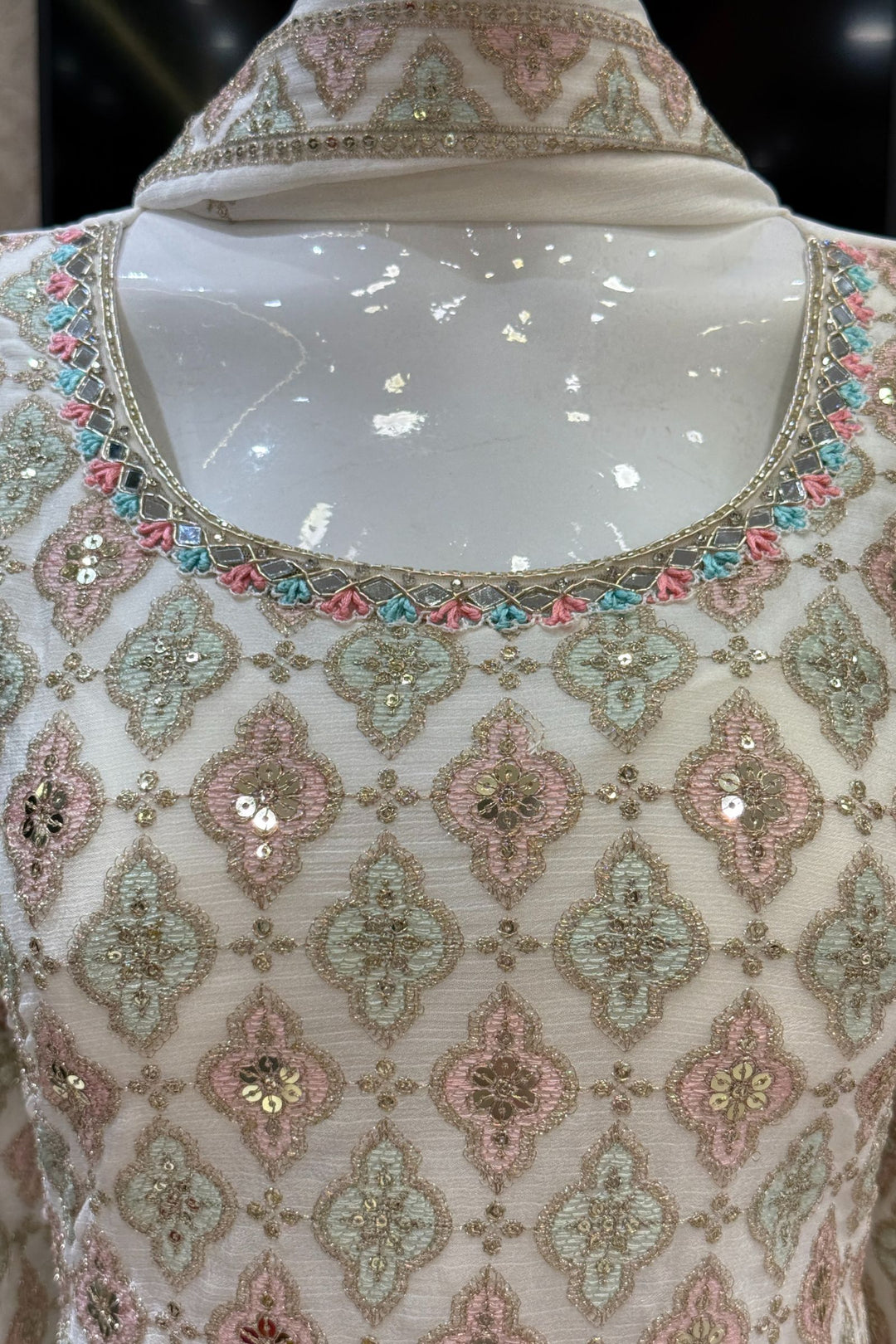 Cream Multicolor Thread, Zari, Sequins, Mirror, Stone and Zardozi work Sharara Salwar Suit