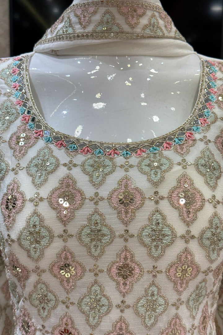 Cream Multicolor Thread, Zari, Sequins, Mirror, Stone and Zardozi work Sharara Salwar Suit
