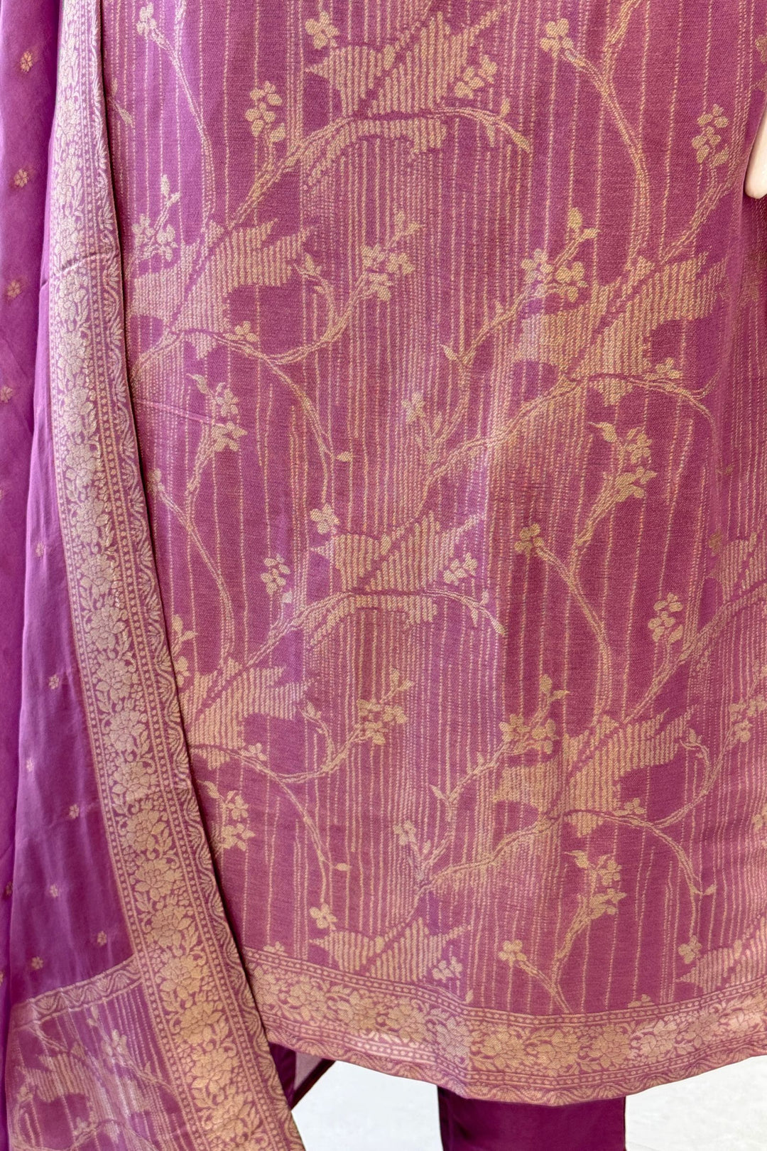Lavender Banaras, Beads, Zardozi, Stone and Mirror work Straight Cut Salwar Suit