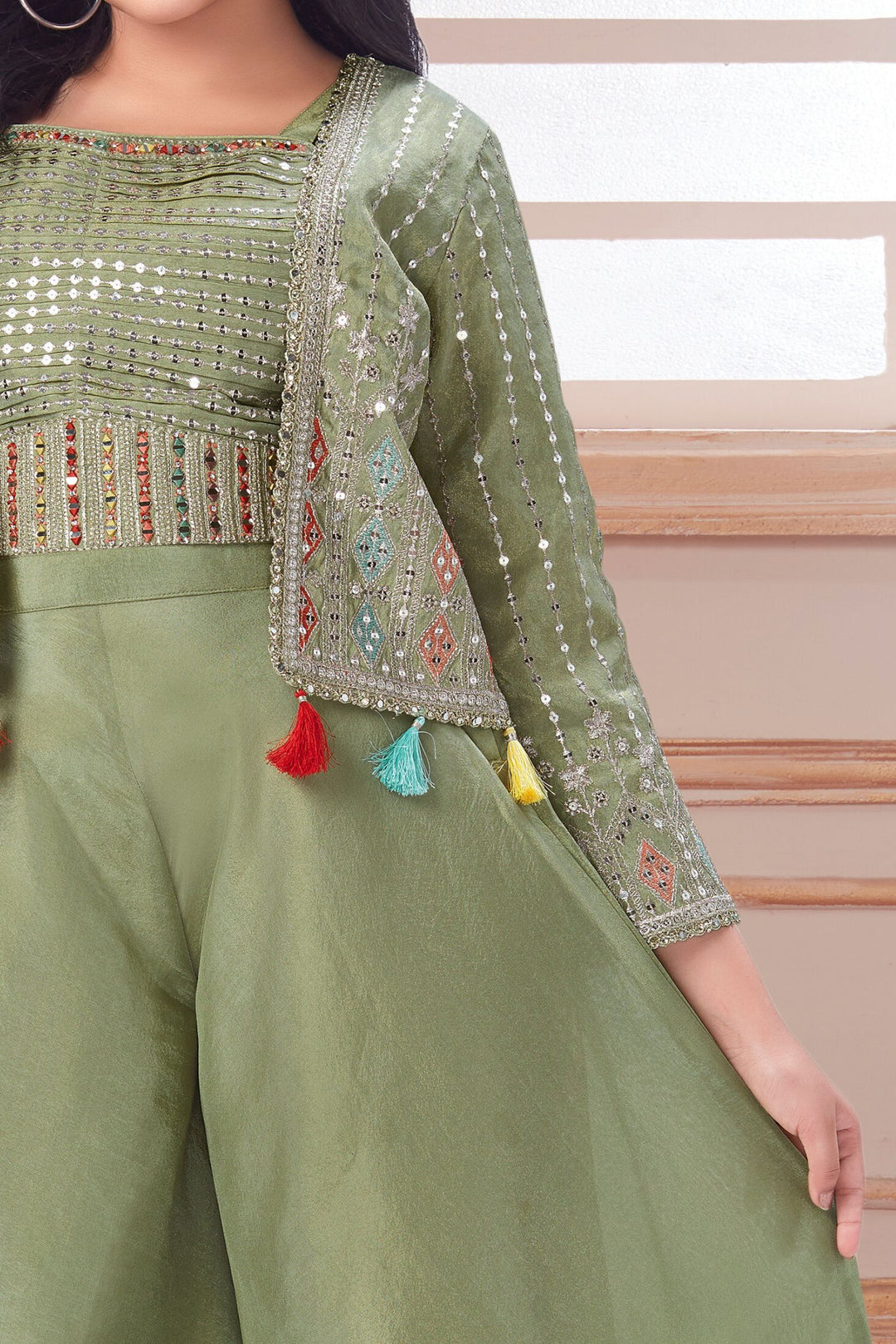 Pista Green Thread, Sequins and Mirror work Overcoat Styled Palazzo Set For Girls