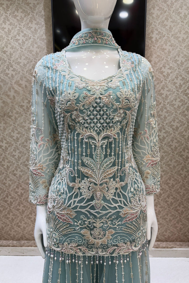 Sea Green Beads, Multicolor Embroidery and Sequins work Palazzo Suit Set