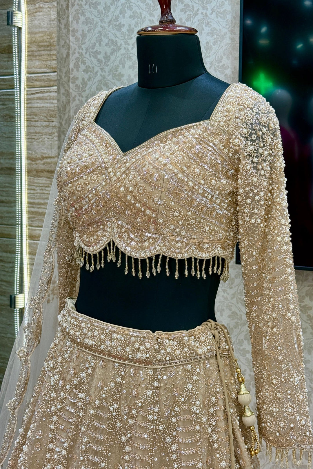 Beige Bridal Lehenga with Intricate Beads, Pearl and Sequins Work