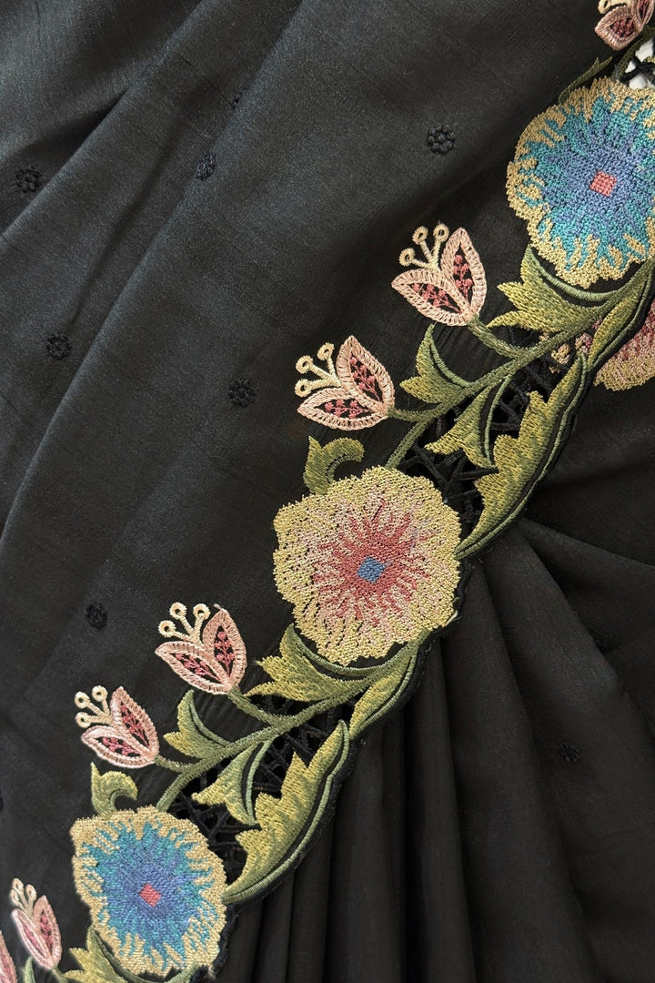 Black Multicolor Embroidery work Saree