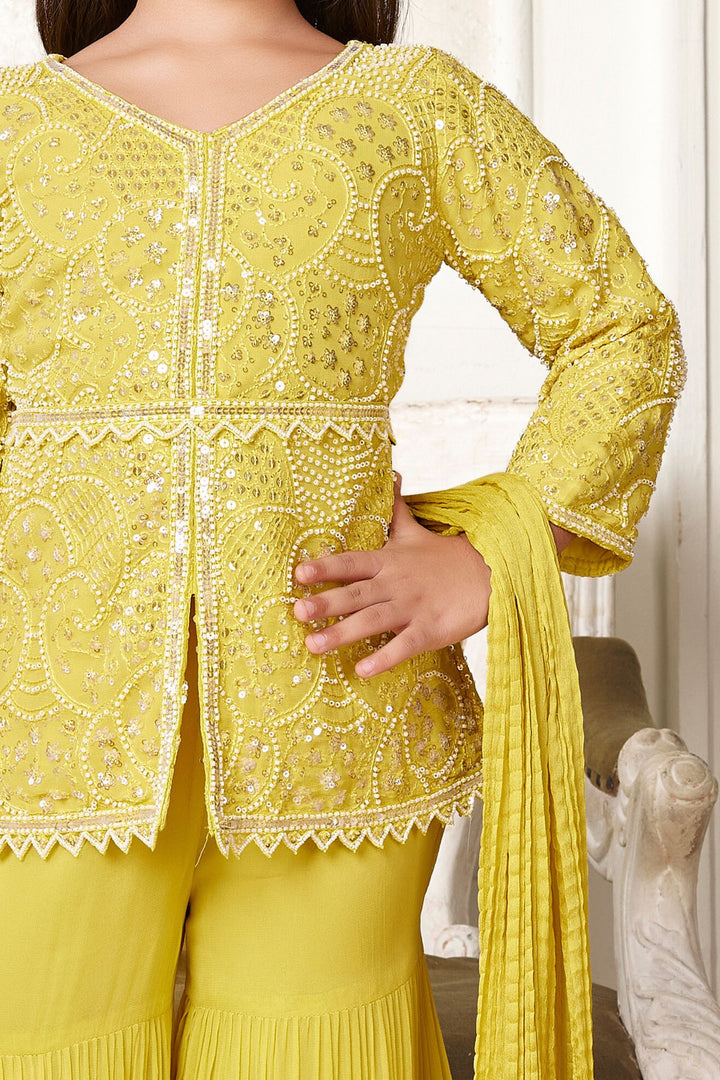 Yellow Beads, Sequins and Thread work Sharara Set for Girls with Belt