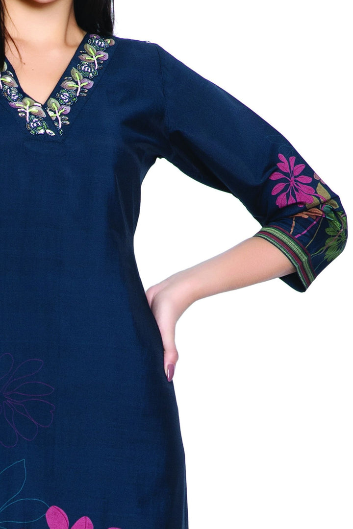 Peacock Blue Sequins and Beads work with Floral Print Calf Length Kurti