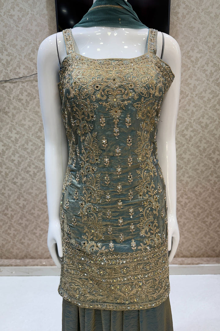 Sea Blue Stone, Beads, Mirror and Zari Thread work Palazzo Salwar Suit