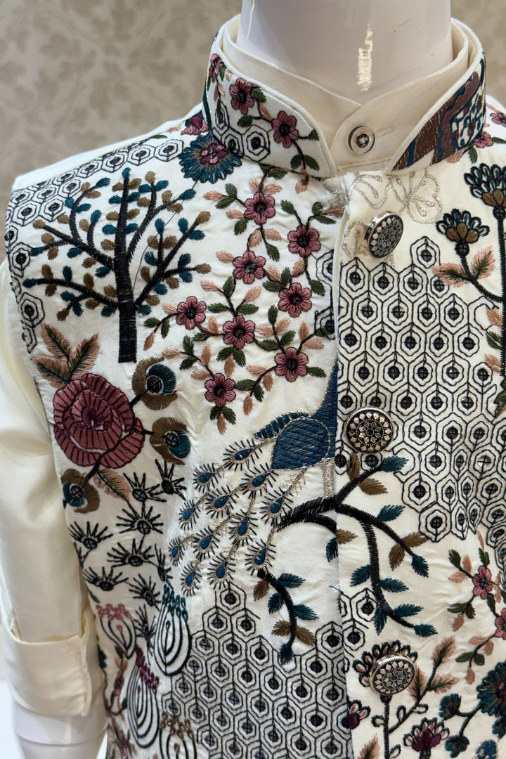 Cream Sequins, Zari and Embroidery work Waist Coat Kurta Set for Boys