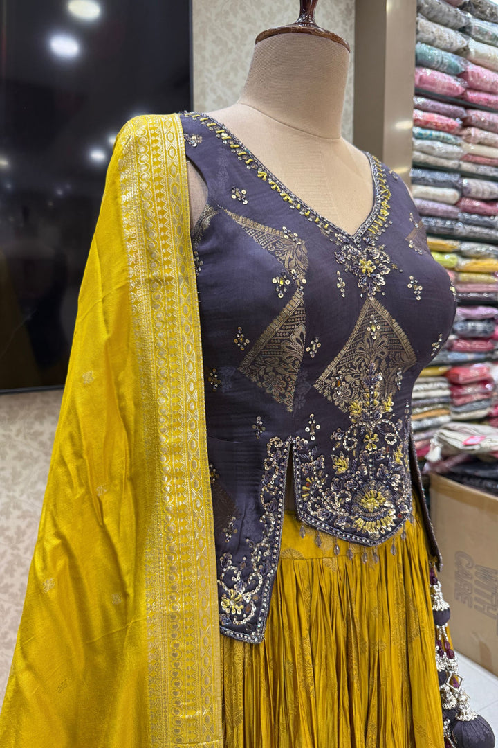 Dark Grey with Mustard Banaras, Mirror, Stone and Zari work Peplum Style Lehenga