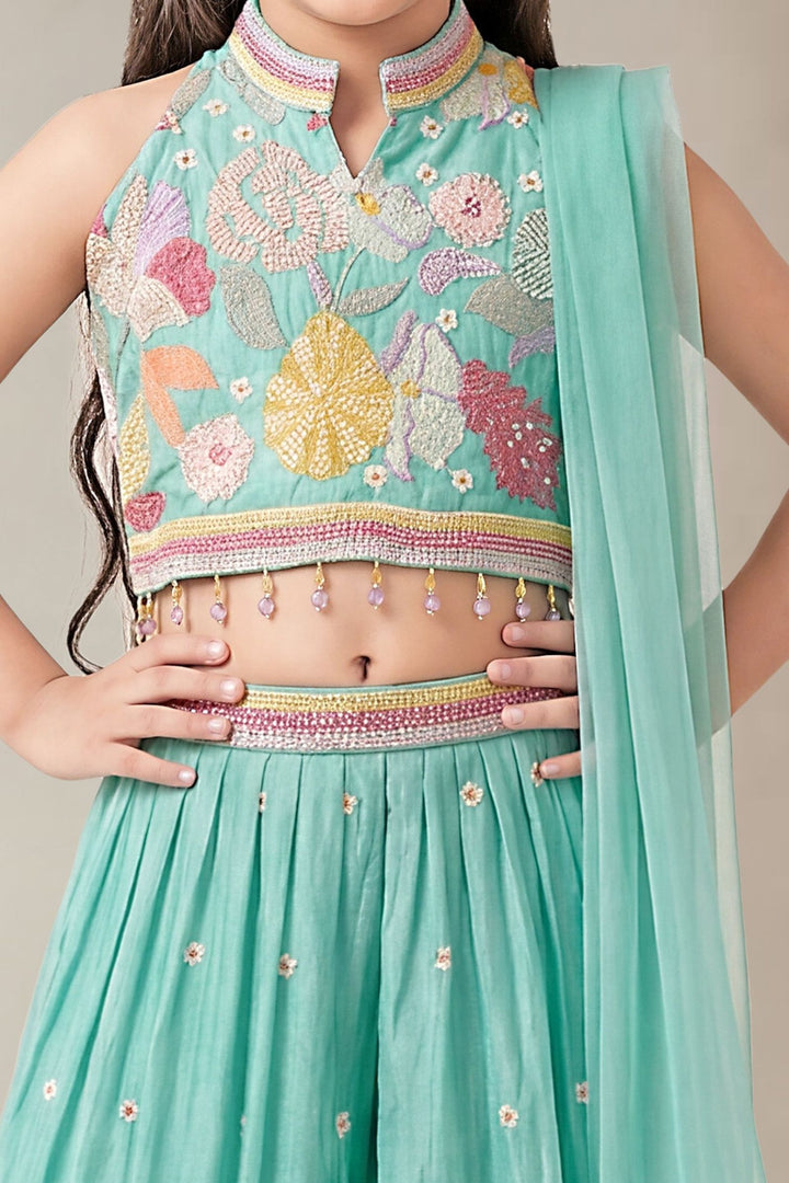 Sea Green Floral Embroidered Lehenga Set with Matching Dupatta for Girls