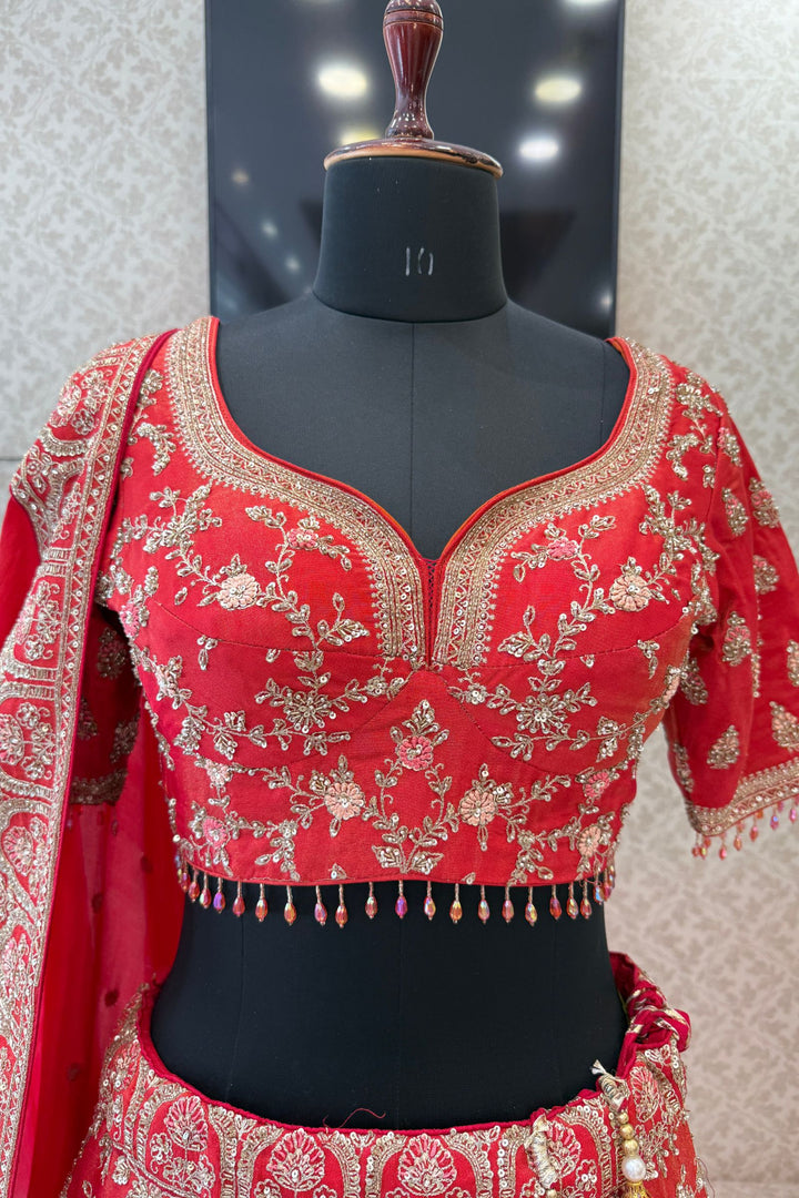 Tomato Red Beads, Zardozi, Sequins and Zari work Crop Top Designer Bridal Lehenga