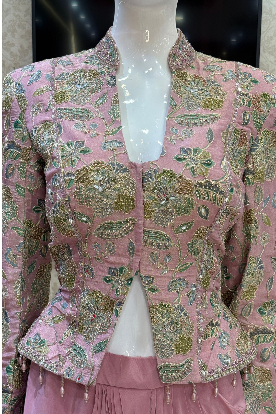 Onion Pink Beads, Zari and Sequins work with Floral Print Crop Top and Cowl Skirt